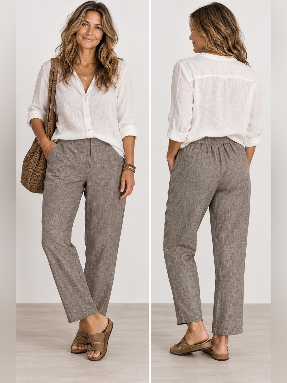 J. Jill 100% Linen 1/2 Band Office Relaxed Minimalist Taupe Brown Pants Medium